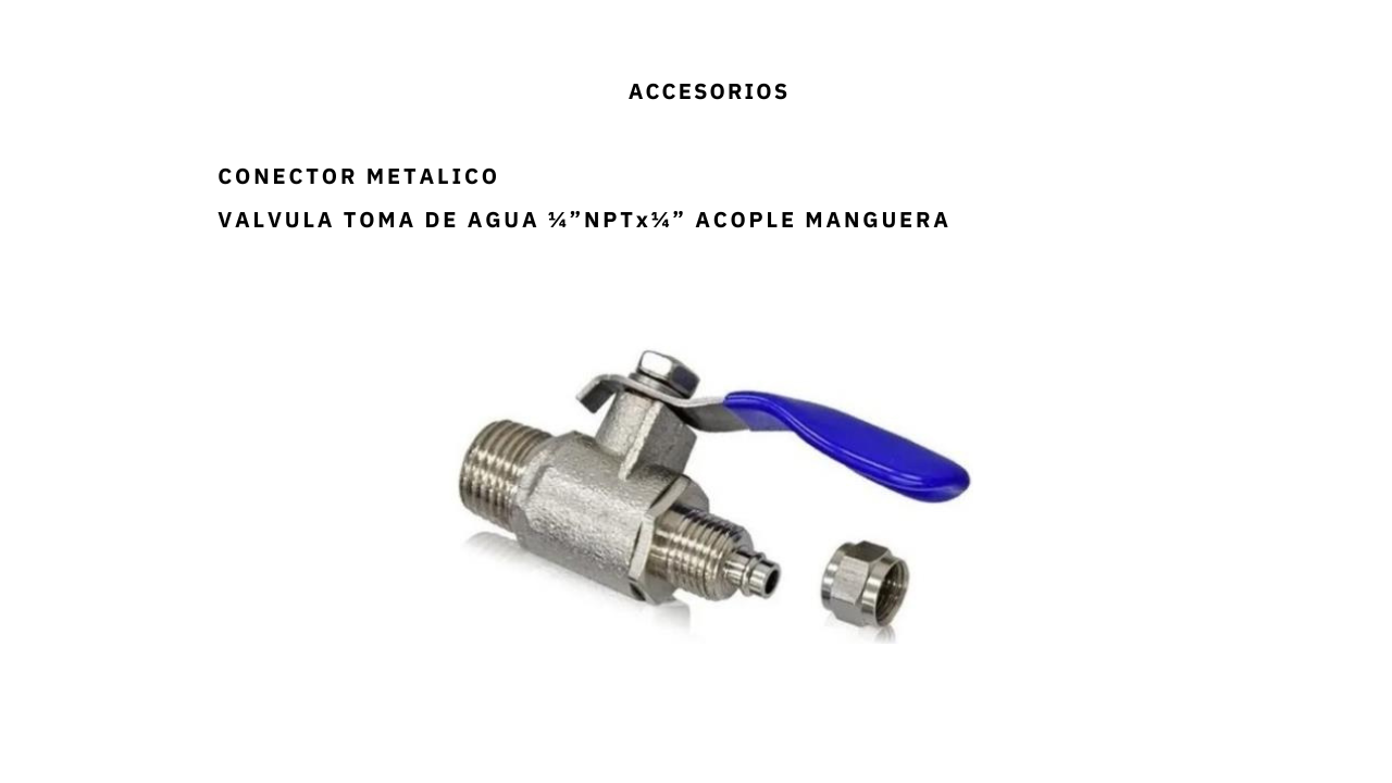 Válvula toma de agua 1/4" NPT 1/4" metálica con acople manguera